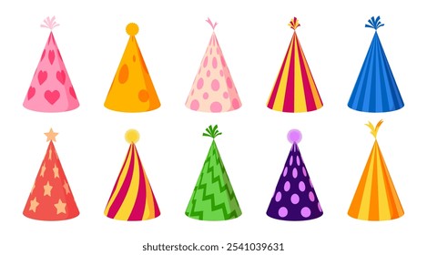 Vector de ilustración de sombreros de cumpleaños, Elementos gráficos de celebración colorida aislados para decoración en Anuncio, tarjeta de felicitación y anuncios, arte de Clip de estilo plano de fiesta, lindo pictograma (editable)