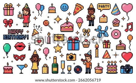 Birthday holiday 8bit pixel game icons and pictograms. Vector retro party set featuring cakes, balloons, gifts, party hats, drinks, and cheerful characters, exude celebrations or nostalgic events