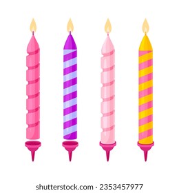 Birthday holiday candle striped twisted flat set. Burn flame wick wax candle cake stand pink purple yellow decorative greeting element cartoon cute party object icon sticker festive isolated