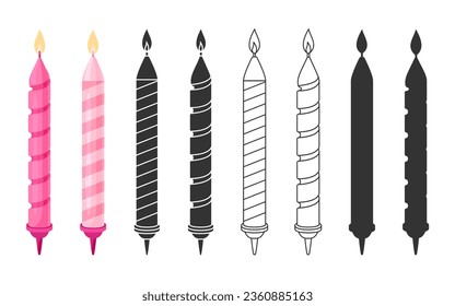 Birthday holiday candle striped twisted flat line silhouette set. Editable stroke outline pink wax candle stand decorative greeting element cartoon cute party object icon sticker festive isolated