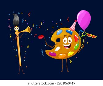 Birthday holiday celebration. Cartoon brush and color palette characters. Isolated vector artist equipment celebrate party with balloons and confetti. Funny painting personages wear a festive fun hats