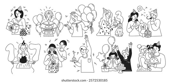 Birthday holiday celebration linear icons collection. Happy people enjoying b-day party doodle characters set on white background