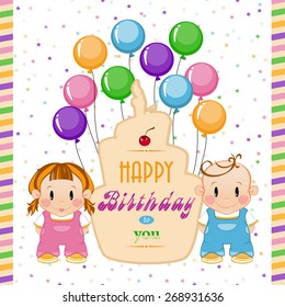 Birthday. Holiday in children. Boy and girl at a birthday party with cake. Greeting baby card with a cake.