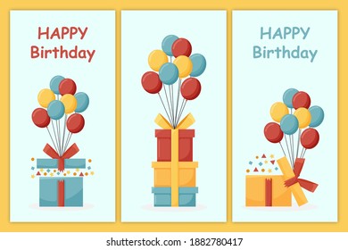 birthday, holiday, christmas greeting and invitation card. there are balloons, gift boxes, confetti. vector illustration