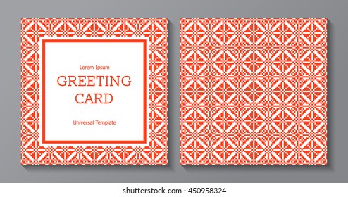 Birthday, Holiday, Christmas Greeting and Invitation Card Template. Slavic Ethnic Geometrical Two Sides Disign with Tradihional Pattern. Vector Illustration