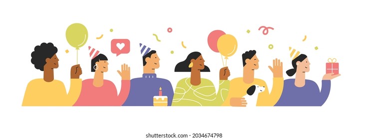 Birthday, holiday, congratulations, party. Happy cartoon characters have fun time. People with balloons, gifts and confetti. Vector illustration for web and app. Modern flat design, white isolated