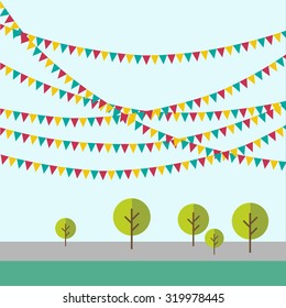 Birthday, holiday, festival decoration outdoor in flat style. Flags, garlands.