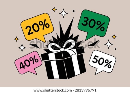 Birthday or holiday gift box bursting with colorful discount tag speech bubbles showing percentage sales of special offer.