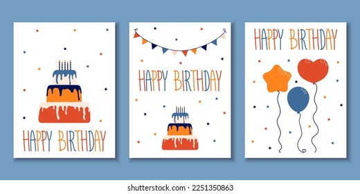 birthday, holiday greeting and invitation card. there are balloons, gift boxes, confetti, cup cake. vector illustration