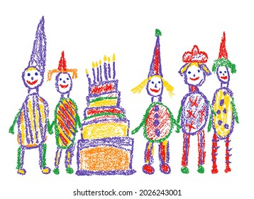 Birthday holiday happy family and candle cake. Like child`s hand drawn home party or play day. Crayon, pastel chalk or pencil stroke like kid`s colorful style. Vector funny bright doodle simple art