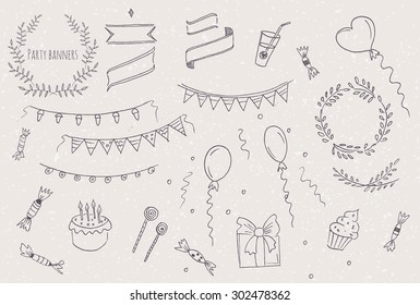 Birthday, holiday, party objects collection including flags, cake, present and balloons. Hand drawn party background with balloons and confetti. Birthday party set vector illustration sketch. Ribbon.