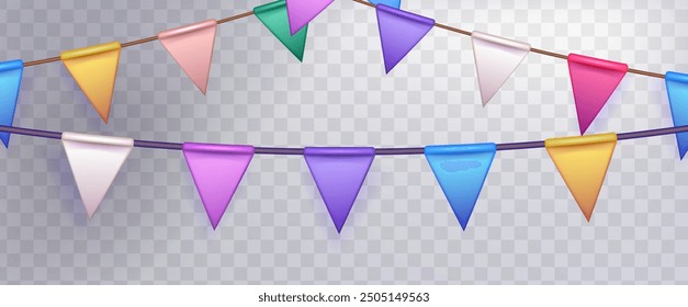 Birthday and holiday triangle flag party garland on transparent background. Realistic vector illustration of colorful carnival festive triangular paper bunting for celebration and congratulation.