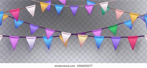 Geburtstag und Feiertag Dreieck Fahne Girlande auf transparentem Hintergrund. Realistische Vektorgrafik der farbenfrohen Karneval festlichen dreieckigen Papier bunting für Feier und Gratulation.