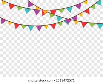 Guirnalda del partido de la bandera del triángulo del cumpleaños y del día de fiesta en fondo transparente. Ilustración vectorial realista de coloridos banderines de papel triangular festivo de carnaval para celebración y felicitación.