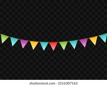 Guirnalda del partido de la bandera del triángulo del cumpleaños y del día de fiesta en fondo transparente. Ilustración vectorial realista de coloridos banderines de papel triangular festivo de carnaval para celebración y felicitación.