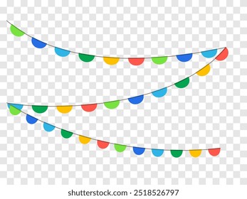 Guirnalda del partido de la bandera del triángulo del cumpleaños y del día de fiesta en fondo transparente. Ilustración vectorial realista de coloridos banderines de papel triangular festivo de carnaval para celebración y felicitación.