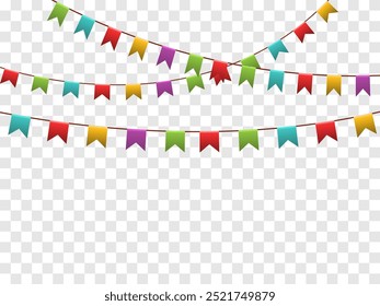 Guirnalda del partido de la bandera del triángulo del cumpleaños y del día de fiesta en fondo transparente. Ilustración vectorial realista de coloridos banderines de papel triangular festivo de carnaval para celebración y felicitación.