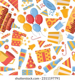 birthday, holidays, seamless pattern. cake, champagne, gifts, popcorn, balloons, caps, flags, candy. holiday vector flat items caroon.