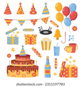 birthday, holidays, set of isolated objects. cake, champagne, gifts, popcorn, balloons, caps, flags, candy. holiday vector flat items caroon.