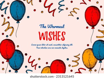 Birthday horizontal greeting card. Design with hand drawn elements. Celebration invitation  template. Vector illustration in sketch style. Festive kids colorful poster