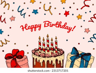 Birthday horizontal greeting card. Design with hand drawn elements. Celebration invitation  template. Vector illustration in sketch style. Festive kids colorful poster