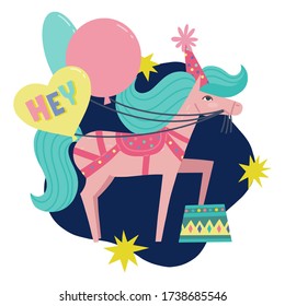 Birthday horse character flat vector illustration with hand drawn typography «Yay».