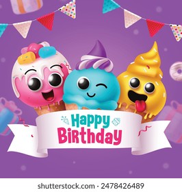 Personajes de helado de cumpleaños diseño de Plantilla de Vector. Texto de felicitación de cumpleaños feliz en espacio de cinta con carácter de helado sonriente y Elementos de decoración de banderines. tarjeta de cumpleaños de Ilustración vectorial 