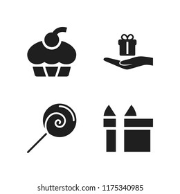 birthday icon. 4 birthday vector icons set. hand holding a gift, cupcake and lollipop icons for web and design about birthday theme