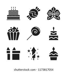birthday icon. 9 birthday vector icons set. cupcake, candy and gift icons for web and design about birthday theme