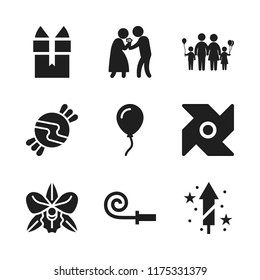 birthday icon. 9 birthday vector icons set. pinwheel, fireworks and orchid icons for web and design about birthday theme