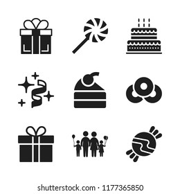 birthday icon. 9 birthday vector icons set. family with balloons, candy and ribbons icons for web and design about birthday theme