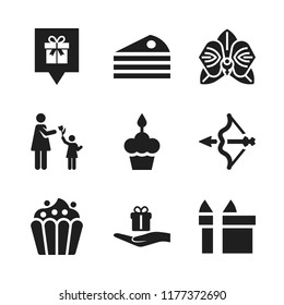 birthday icon. 9 birthday vector icons set. cupcake, give flower and hand holding a gift icons for web and design about birthday theme