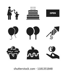birthday icon. 9 birthday vector icons set. balloons, cupcake and fireworks icons for web and design about birthday theme
