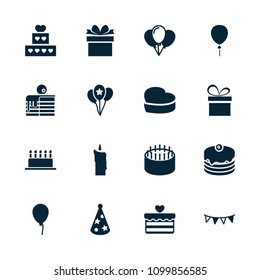 Birthday icon. collection of 16 birthday filled icons such as baloon, cake, balloon, heart cake, party flag, party hat, candle. editable birthday icons for web and mobile.