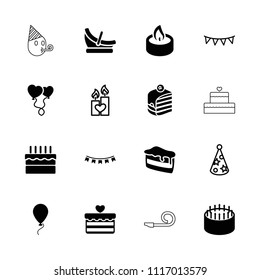 Birthday icon. collection of 16 birthday filled and outline icons such as cake, piece of cake, heart balloons, candle. editable birthday icons for web and mobile.