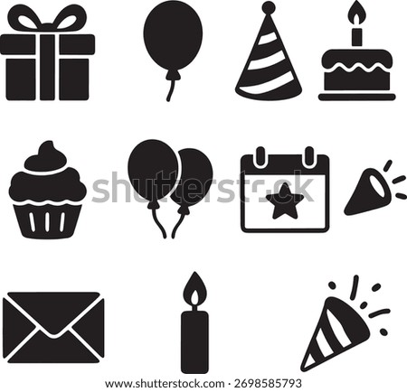 Birthday Icon Pack Flat Black Minimal Party and Celebration Icons