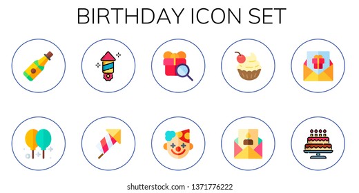 birthday icon set. 10 flat birthday icons.  Simple modern icons about  - champagne, balloon, fireworks, gift, clown, cupcake, invitation, cake