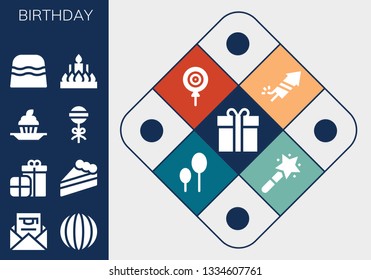 birthday icon set. 13 filled birthday icons.  Simple modern icons about  - Gift box, Invitation, Candy, Presents, Cake, Cupcake, Lollipop, Candle, Fireworks, Balloons, Magic wand