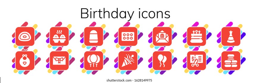 birthday icon set. 14 filled birthday icons. Included Gummy, Baby bib, Cupcake, Gift, Candy, Balloons, Confetti, Balloon, Cake, Voucher, Party hat, Macaron icons