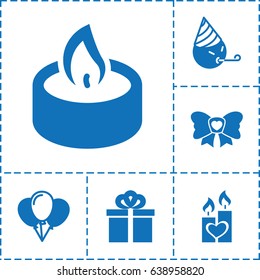 Birthday icon. set of 6 birthday filled icons such as party emot, bow, candle heart, candle, gift