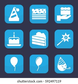 birthday icon. Set of 9 filled birthday icons such as baloon, cake with one candle, party emot, balloon, sparklers, party hat, gift, cake