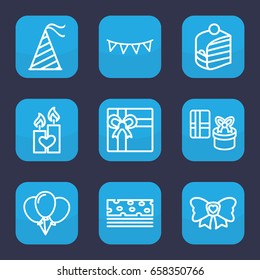 Birthday icon. set of 9 outline birthday icons such as gift, piece of cake, bow, candle heart, party hat, party flag