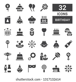 birthday icon set. Collection of 32 filled birthday icons included Fireworks, Birthday cake, Lollipop, Party, boy, Champagne, Rattle, Candles, Dessert, Cupcake, Baby
