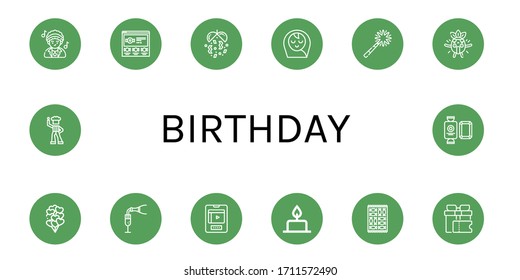 birthday icon set. Collection of Disco, Candy, Confetti, Baby boy, Firework, Surprised, Balloons, Champagne, Entertainment, Candle, Gift icons
