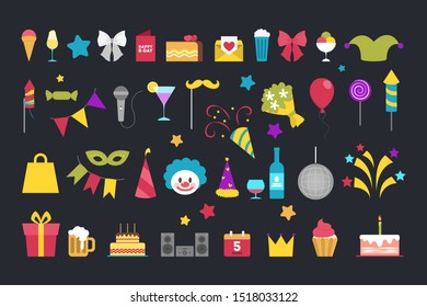 Birthday icon set. Gift package and sweet dessert, candle and balloon. Celebration of holiday event. Isolated vector illustration in flat style
