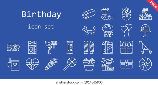 birthday icon set. line icon style. birthday related icons such as gift, shower, confetti, balloon modelling, candy, cake, ballons, stroller, lollipop, sweet, muffin, gifts
