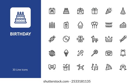 Birthday Icon Set with line style. Perfect for UI, infographics, or social media content related to birthday, party, and celebration.