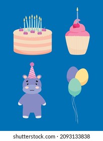 birthday icon set on blue background