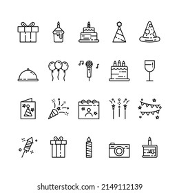 Juego de iconos de cumpleaños. Icono de esquema de cumpleaños. Ilustración vectorial.