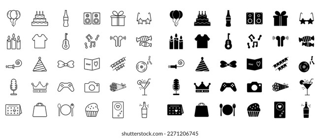 Birthday Icon set with stroke and fill. Birthday party icon set - New year celebration symbol. Party icon set balloon, music, karaoke, ribbons, dj, flowers, soft drink, shopping, greeting card icons